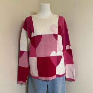 Talbots Hand Knit Heart Patchwork Sweater XL Pink Red Linen Cotton Blend Vintage